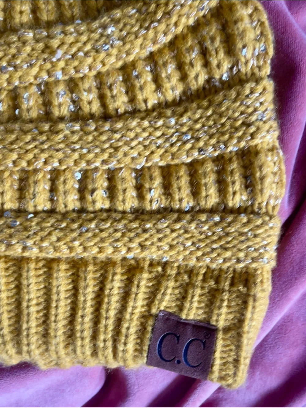 C.C. Exclusives Mustard Yellow Chunky Knit Beanie with Silver Shimmer Like New